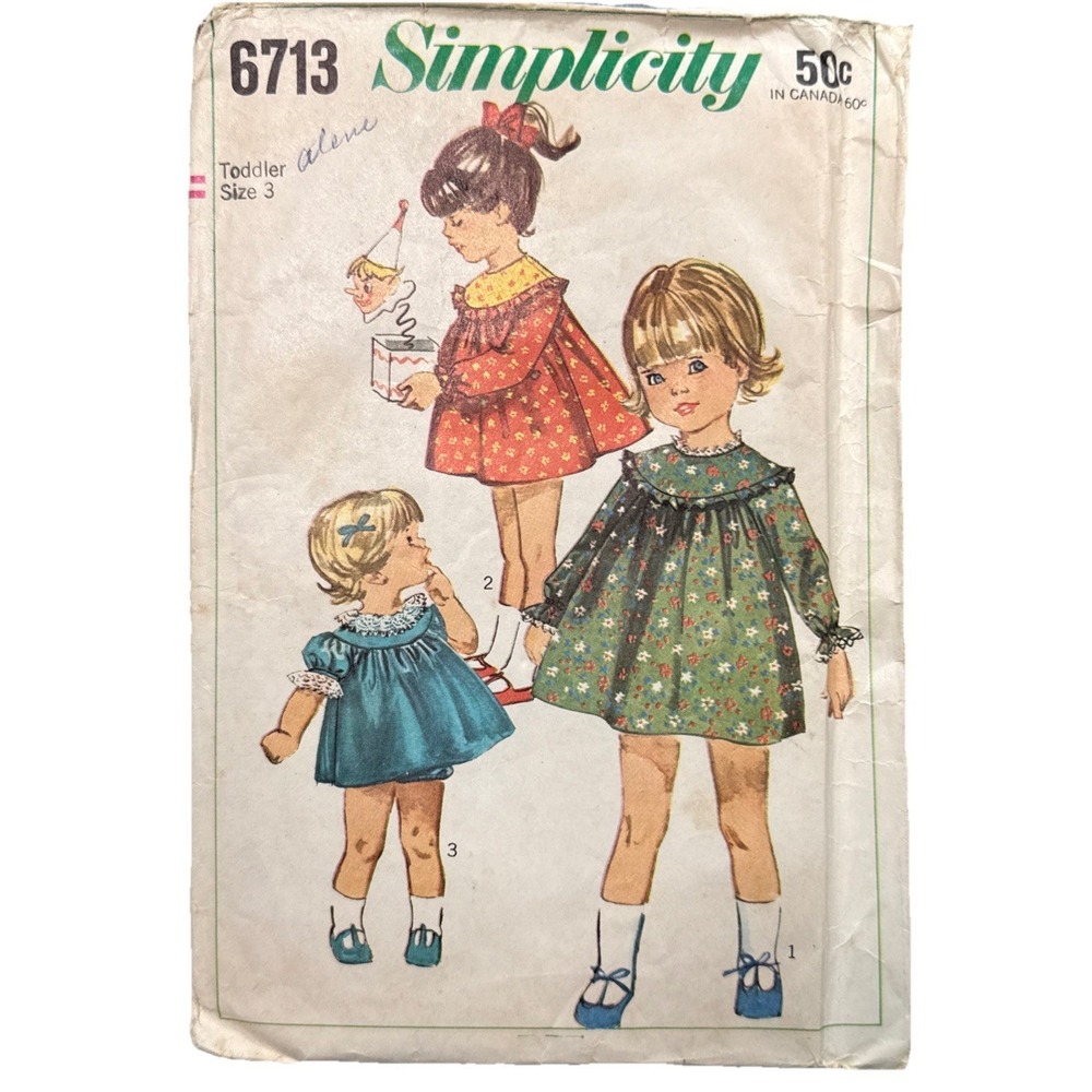 VTG Simplicity‎ 6713 Toddler Dress Pattern 3T Cut 60s Raglan Yoke Bloomers Panty